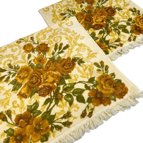 Pair of 2 Vintage 70s Floral Bath Towels 20x36 Yellow Brown Cabbage Rose Flowers - Picture 5 of 7